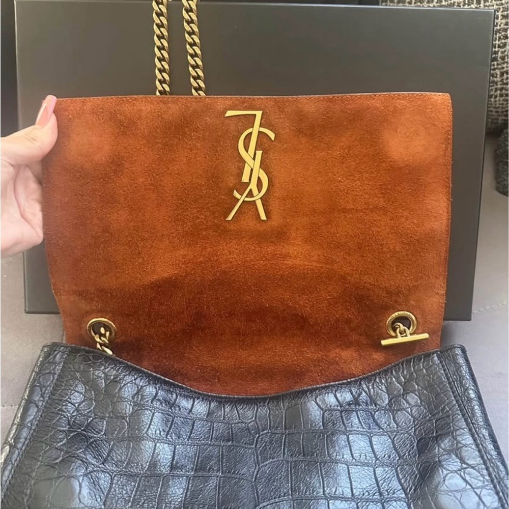 Saint Laurent Black Croc-Embossed Crossbody with Gold Chain - Picture 2 of 6